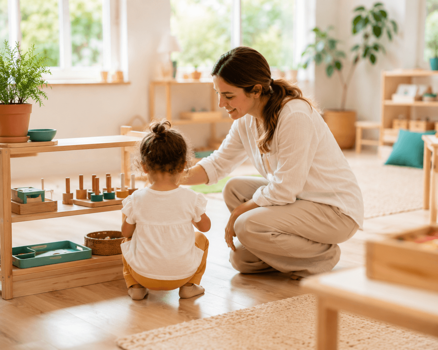 Mitokondri'de öğretmen eşliğinde Montessori çalışması yapan çocuk